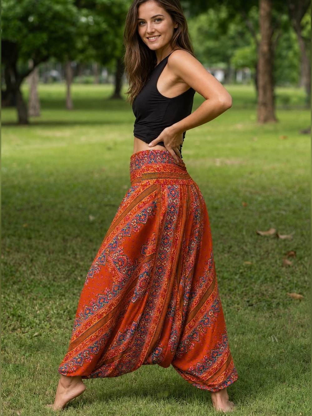 Hippie Pants harrem pants, flowy and soft rayon, bohemian print, pull up, sz M/L